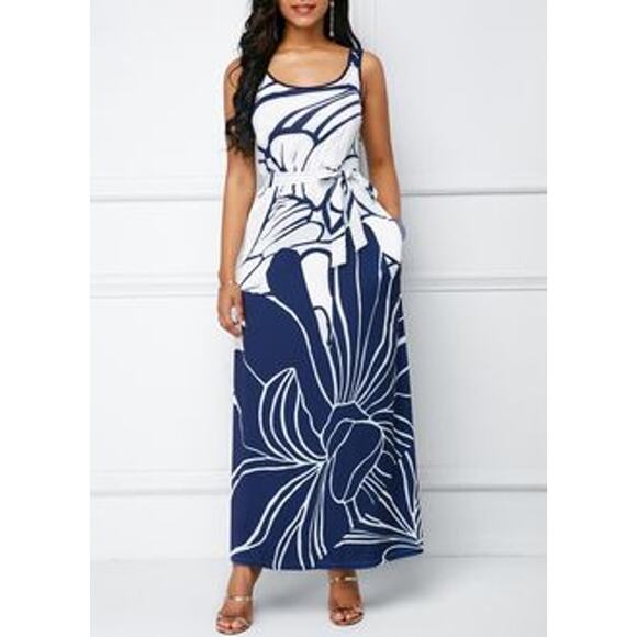 eShakti white and blue floral maxi dress with pockets Small - Picture 1 of 8